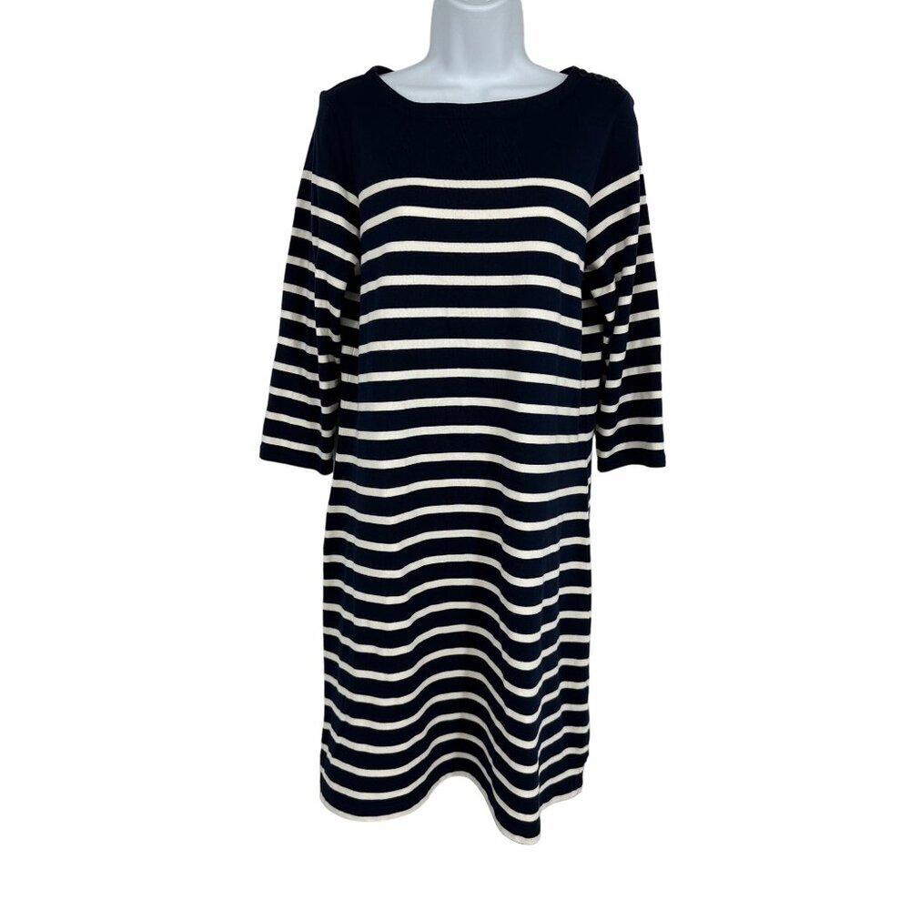 L.L. Bean Breton Nautical Coastal Dress Summer 3/4 Sleeves Navy Size M